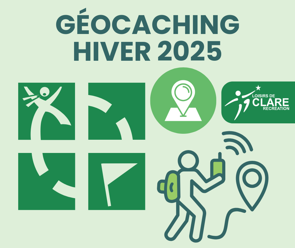 Une image sur fond vert avec le logo de la géocache, le logo du service des loisirs de Clare et un personnage de bande dessinée en train de faire de la géocache.