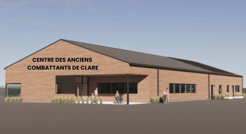 Une image du dessin de rendu du futur Centre des anciens combattants de Clare. Un bâtiment de forme rectangulaire avec une finition en bois. 